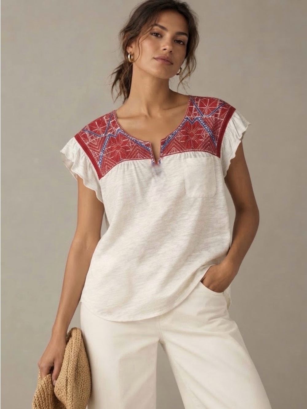 Anthropologie One September Evin Top Knit Boho Embroidered Yoke + Ruffle Sleeve